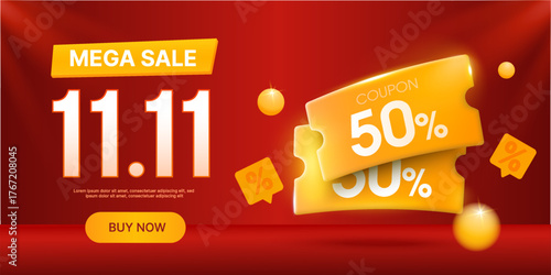 Bright 11.11 mega sale vector banner with coupon, discount up to 50%, red background, and promotional design for e-commerce sales events. 3d vector illustration. Vector illustration