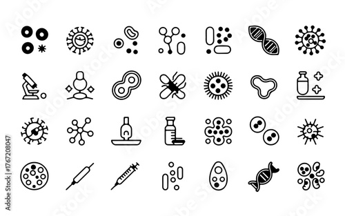 Collection of diverse microscopic organisms and scientific equipment icons isolated on white background
