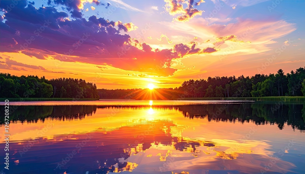 Fototapeta premium Majestic golden sunset illuminating the calm lake's surface, reflecting vivid orange and purple hues mirroring the dramatic clouds above and the lush green trees on the distant shore, creating a...