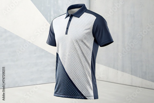 Modern Geometric Pattern Polo Shirt navy blue white