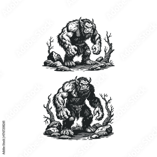 Vintage-style black and white ink drawing of a fierce, hairy mythical beast, often called a monster, ogre, or troll, standing aggressively in a rocky, barren forest landscape