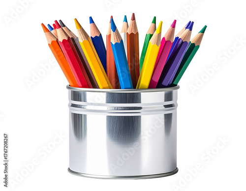  Vibrant Colored Pencils in Silver Tin Can PNG