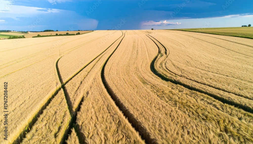 Obraz premium Aerial View of Golden Wheat Field with Swirling Patterns