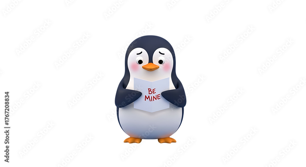 Fototapeta premium Adorable penguin holding a 'Be Mine' card, perfect for Valentine's Day greetings and sweet romantic messages