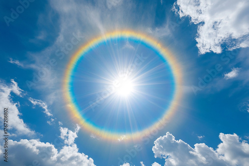 Fototapeta Naklejka Na Ścianę i Meble -  A halo blending into a perfect circular rainbow around the sun