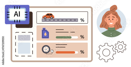 AI chip, vehicle metrics display, progress bars, user avatar, gear icons. Ideal for technology, automation, car diagnostics, fleet management data visualization machine learning simple flat