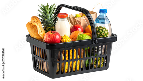 A black basket brimming with groceries, including fruits, bread, milk, and a water bottle