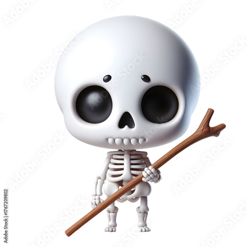 Cute 3d skeleton holding a stick isolated on white background