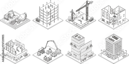 Isometric Building Construction and Development Process Icons