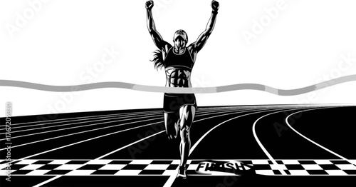 Freedom. Silhouette of athletic looking female runner running. Woman runner crossing the finish line. EPS version.