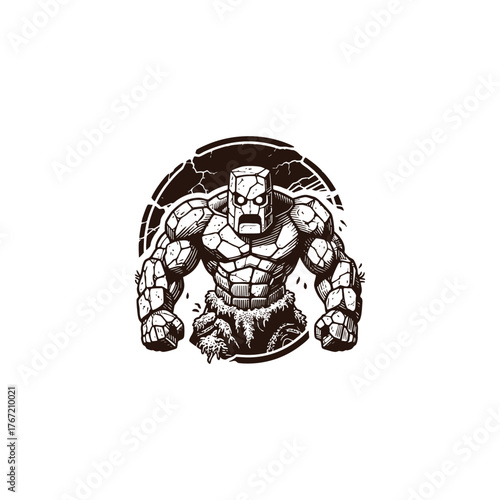 illustration of a powerful Rock Golem or Stone Elemental creature. The fantasy monster is composed of rugged boulders and rocks