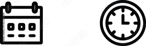 vector illustration of a black and white calendar and a clock on white background 