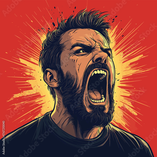 Intense Man Showing Strong Emotions with Furious Screaming in Anger   , vector style simple color