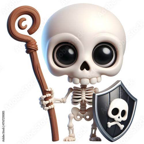 Cute 3d skeleton holding a stick isolated on white background