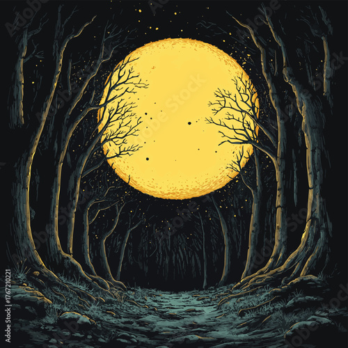 Engraving Illustration of Moon Shining Through Trees   , vector style simple color