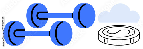 Blue dumbbells, a coin, and a cloud represent physical health, financial wellness, and equilibrium. Ideal for fitness, wealth management, personal growth, wellness marketing gym branding financial