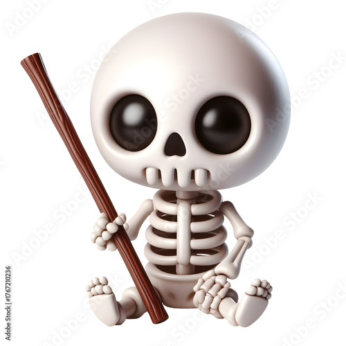 Cute 3d skeleton holding a stick isolated on white background