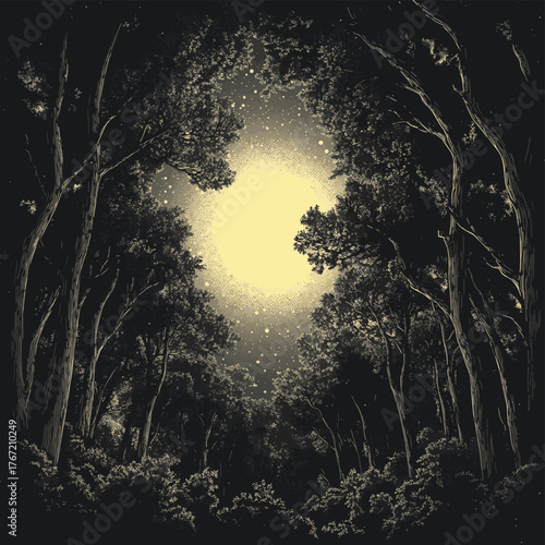 Engraving Illustration of Moon Shining Through Trees   , vector style simple color