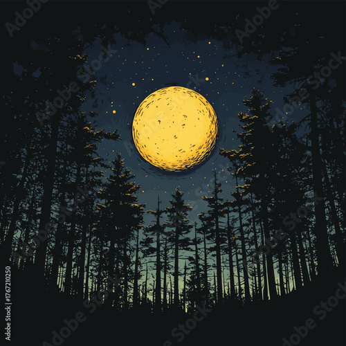 Engraving Illustration of Moon Shining Through Trees   , vector style simple color