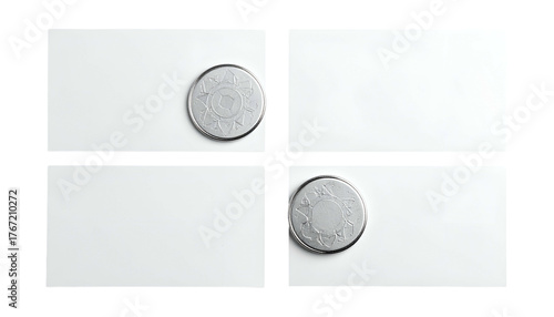 Two metal discs, each on a blank rectangular card in a 2x2 grid, creating an abstract display