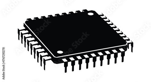Close up of a black integrated circuit chip with many pins on a white background
