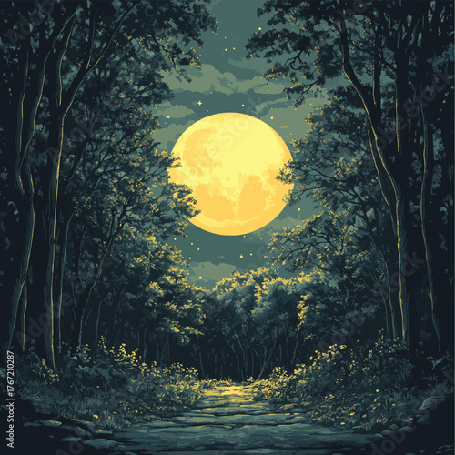 Engraving Illustration of Moon Shining Through Trees   , vector style simple color