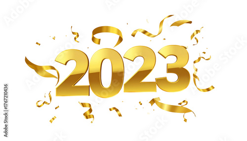Gleaming gold numerals 2023 with ribbons and confetti against a black background