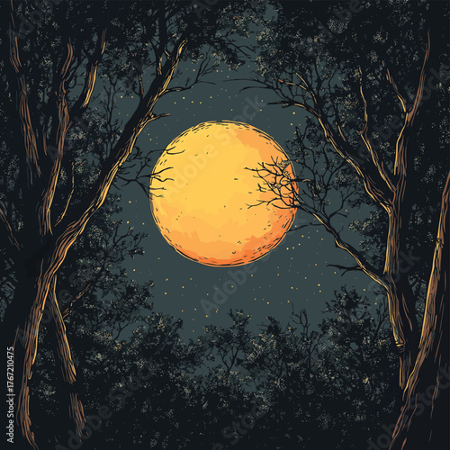 Engraving Illustration of Moon Shining Through Trees   , vector style simple color