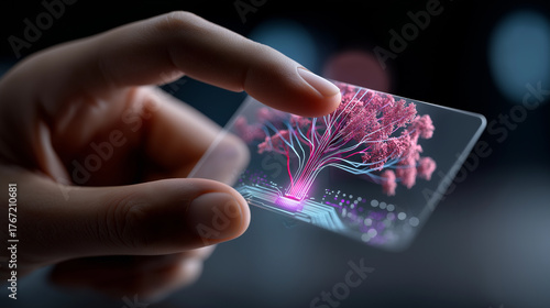 Close-up of fingers touching a transparent digital circuit board glowing with red and blue neon lights. Concept of high technology, innovation, and the future of human-computer interaction.