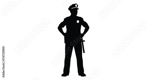 Silhouette of a police officer standing confidently with hands on hips against a white background