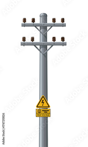 A detailed illustration of a concrete utility pole with high voltage power lines and a danger warning sign, isolated on a white background
