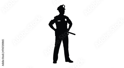 Silhouette of a police officer standing confidently with hands on hips and baton at side