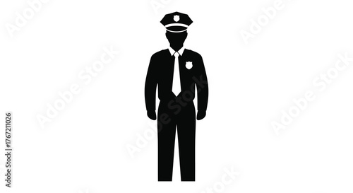 Silhouette of a security guard in uniform standing at attention with a badge and cap