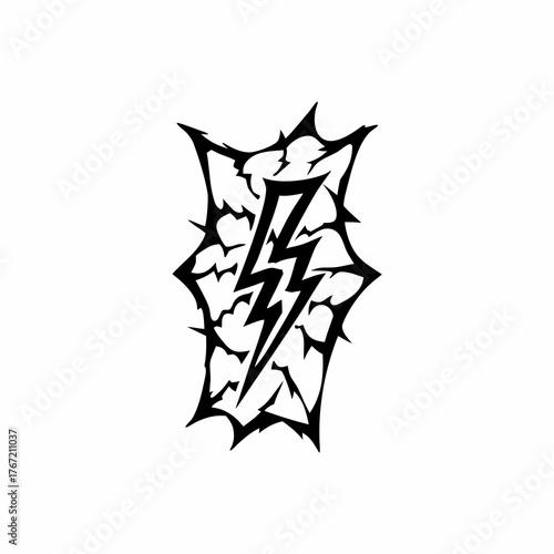 Abstract black lightning bolt symbol encased within a sharp spiky abstract shape on a white background