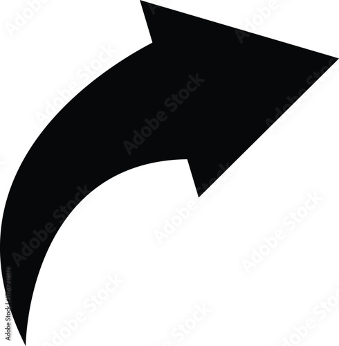 Black curved arrow pointing right with slight upward arc on white background. arrow icon for your web site design, logo, app, UI. Themes include direction, navigation, pointing symbols. 