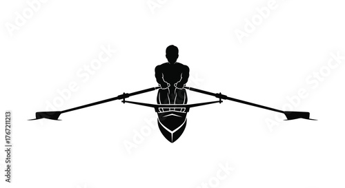 Overhead silhouette of a single scull rower in a racing shell with oars extended on white background