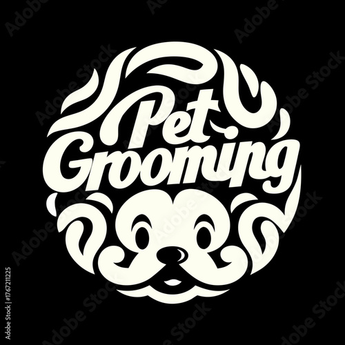 Charming pet grooming logo design featuring a stylized dog face and whimsical typography on black background
