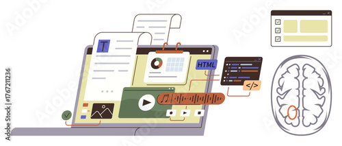 Laptop screen filled with web development, coding, and multimedia icons. Brain diagram symbolizing creative thinking, innovation, and technology. Ideal for tech, education, AI programming content