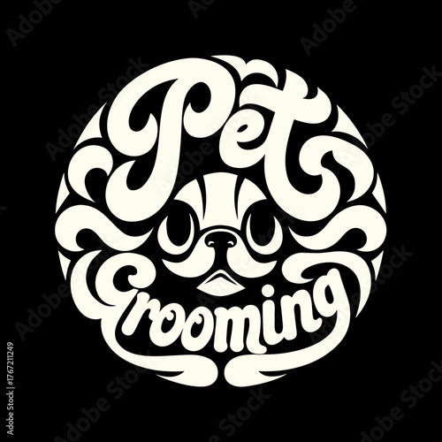 Creative circular typography logo featuring a stylized dog face for pet grooming services