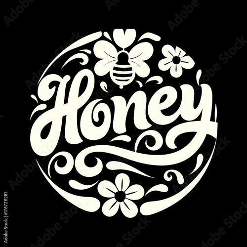 Decorative circle design featuring the word honey surrounded by stylized flowers and a bee illustration