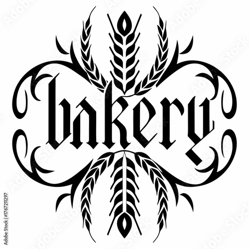 Elegant black gothic script word bakery surrounded by ornate wheat stalks and decorative swirls on a white background