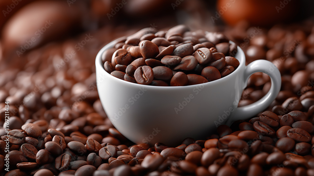 Fototapeta premium A close-up of a white cup and saucer overflowing with roasted coffee beans, symbolizing aroma, freshness, and the rich flavor of morning coffee.
