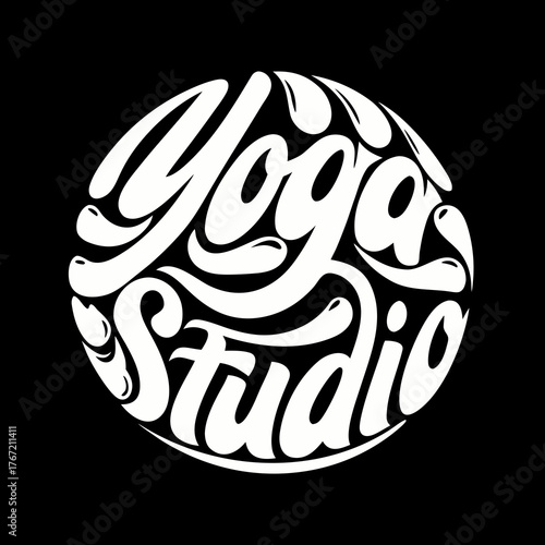 Modern white yoga studio text art logo design on black background for wellness and fitness brands