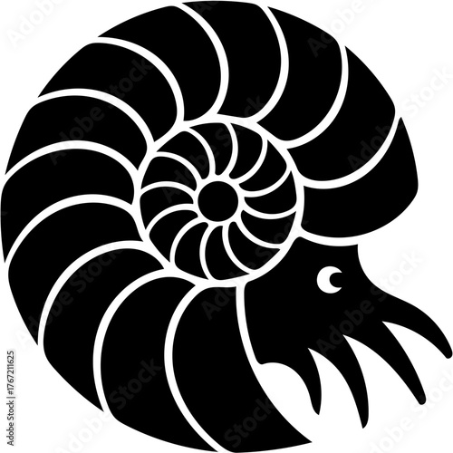 Minimalist Black and White Nautilus Shell Vector Silhouette: Spiral Marine Icon