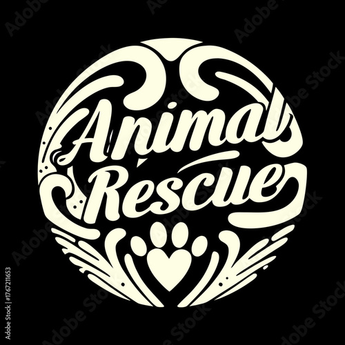 Stylized retro circular design featuring the words animal rescue in flowing script with a paw print and heart emblem