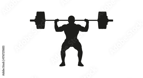 Silhouette of a muscular man performing an overhead barbell press exercise in a gym