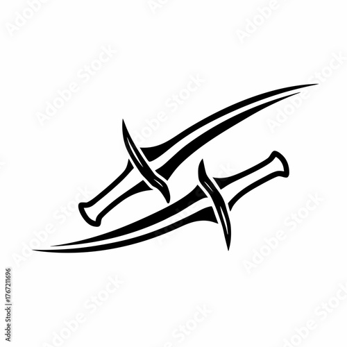 Two elegant black tribal style swords crossed and overlapping with sharp blades and curved handles on a white background