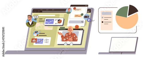 Laptop displaying video conference with diverse participants, analytics charts, and data-sharing tools. Ideal for remote work, teamwork, communication, business strategy, online education, tech
