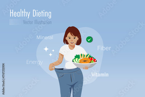 Weight loss and healthy dieting concept. Slim woman in oversized jeans standing holding fresh healthy fish and fruits bowl showing weight loss results. Vector.
