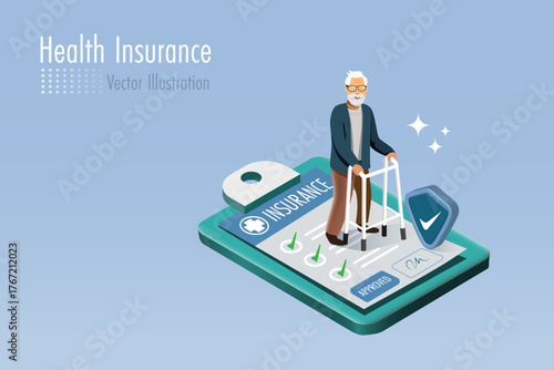 Elderly man with walker standing on health insurance policy and shield guard protection. Medical and healthcare insurance planning for elderly, healthy aging concept.